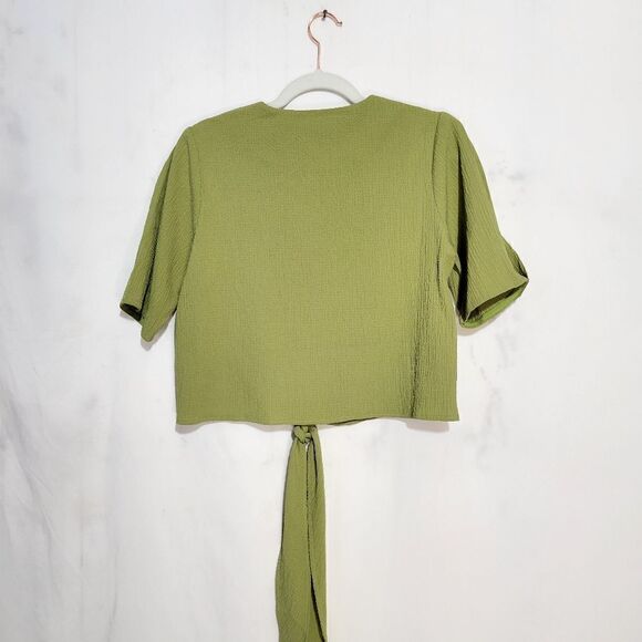 Our Second Nature Green Textured Tie Front Wrap Top - Picture 4 of 11